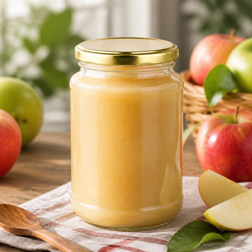 Gefülltes 320ml Rundglas UNiTWIST BasicSeal gold mit Apfelmus auf kariertem Küchentuch mit Holzlöffel