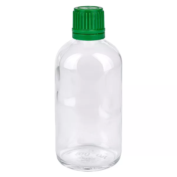 Pharmaflasche 100ml Klarglas grüner Verschluss 11mm ClearLine für Fluessigkeiten