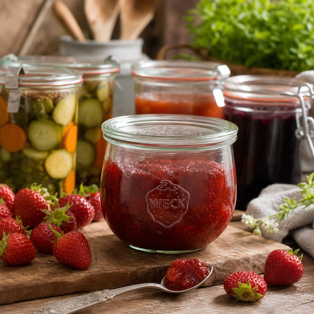 WECK Tulpenglas 580ml RR100 mit Erdbeermarmelade befüllt neben frischen Erdbeeren und eingelegtem Gemüse auf Holzbrett