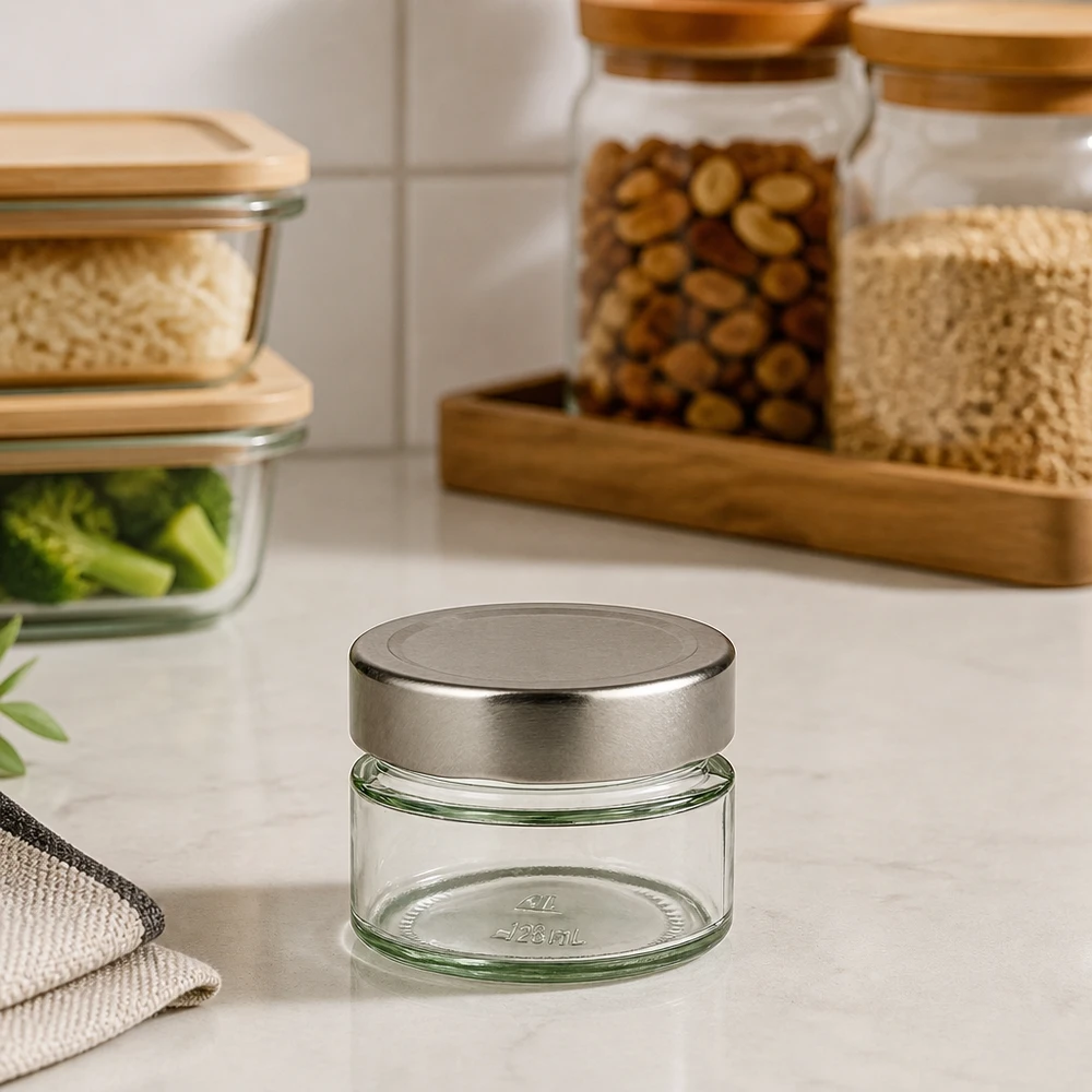 Kleines Rundglas 130ml UNiTWIST mit Silberdeckel aus lebensmittelechtem Klarglas