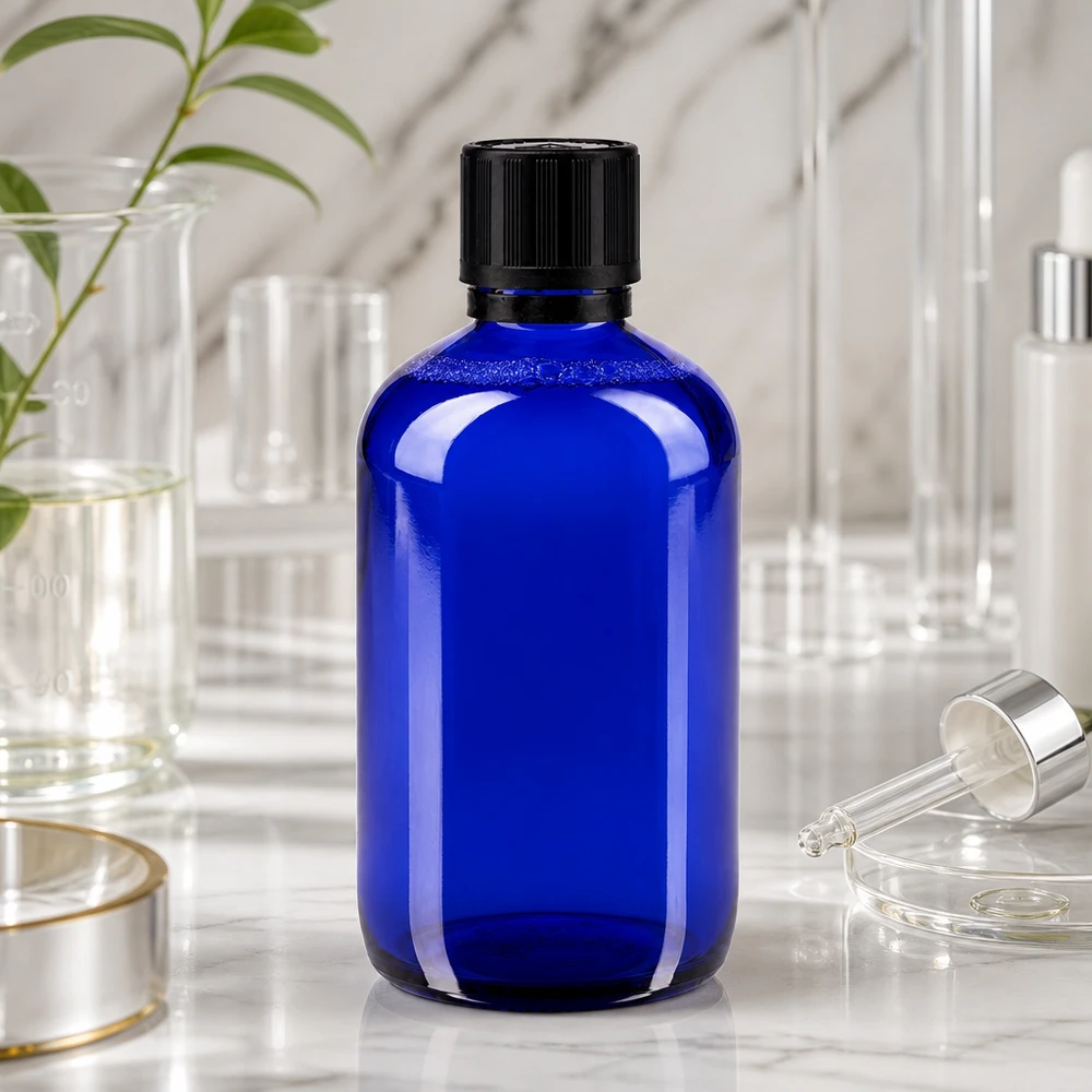 Apothekenflasche blau 100ml Tropfer Premium 1mm schwarz Kindersicherung Blindenwarnsymbol Originalitätsverschluss Kobaltblaues 100ml Fläschchen aus Glas mit Dosiereinsatz 1mm und kindersicherem Schwarzverschluss