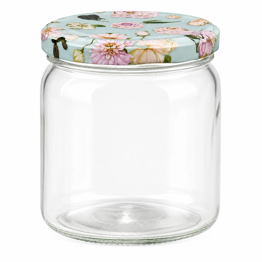 408ml Rundglas mit BasicSeal Deckel Blume mint Einmachglas Marmeladenglas Vorratsglas mit Blumenmuster