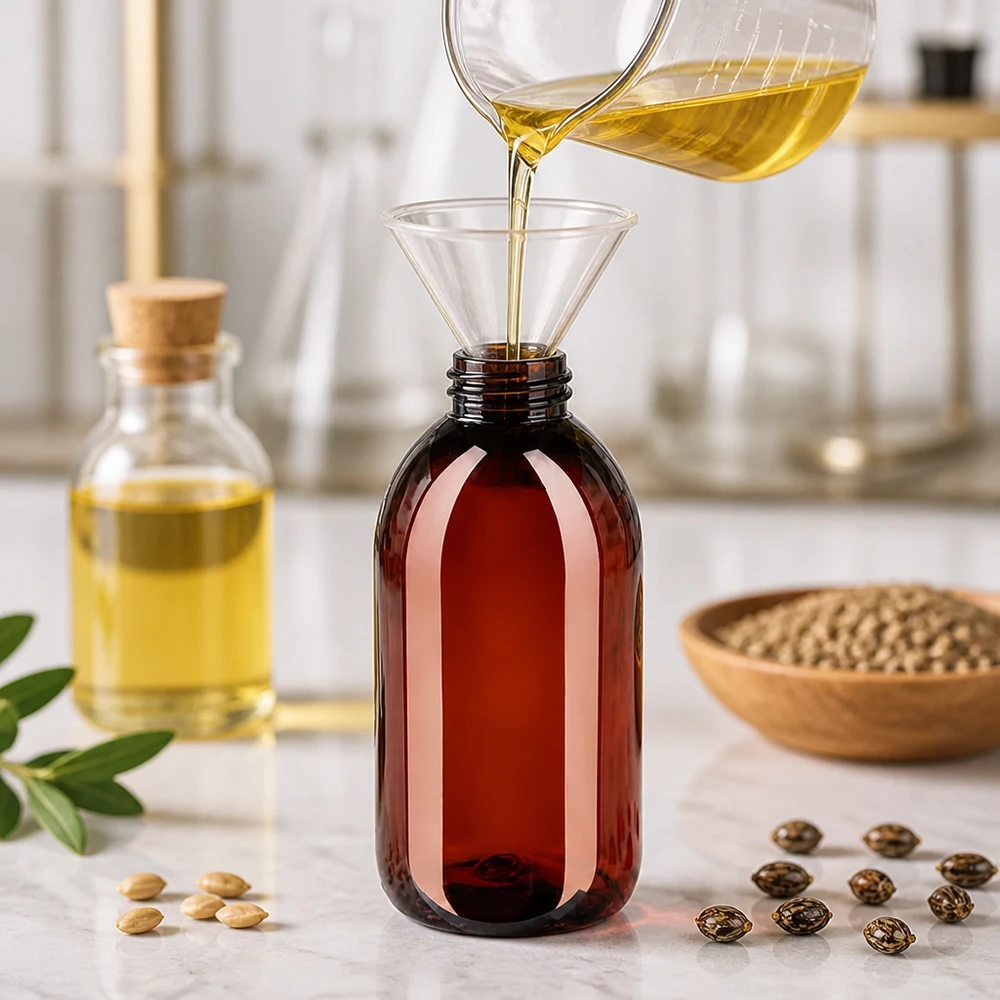 PET Flasche 250ml mit grünem Verschluss Originalitätsverschluss Kompakte 250ml PET Flasche mit grünem Verschluss und Trichter beim Abfüllen von Öl