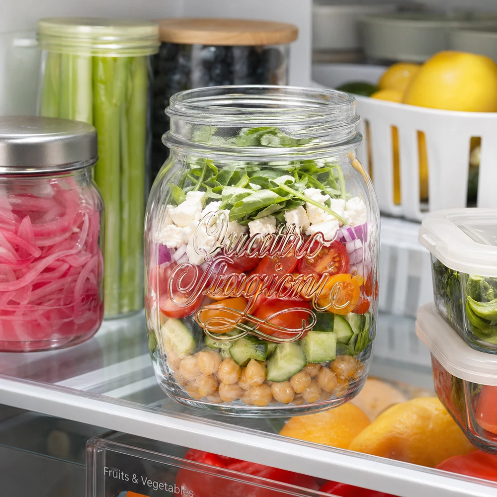 700ml Rundglas "Quattro Stagioni" QS86mm Quattro Stagioni 700ml Haushaltsglas mit Schichtsalat im Kühlschrank - praktische Glasaufbewahrung für Meal Prep und Vor