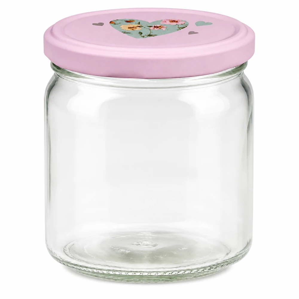 408ml Rundglas mit rosa BasicSeal Deckel und Herz-Motiv, leeres Einmachglas für Küche und Vorratshaltung
