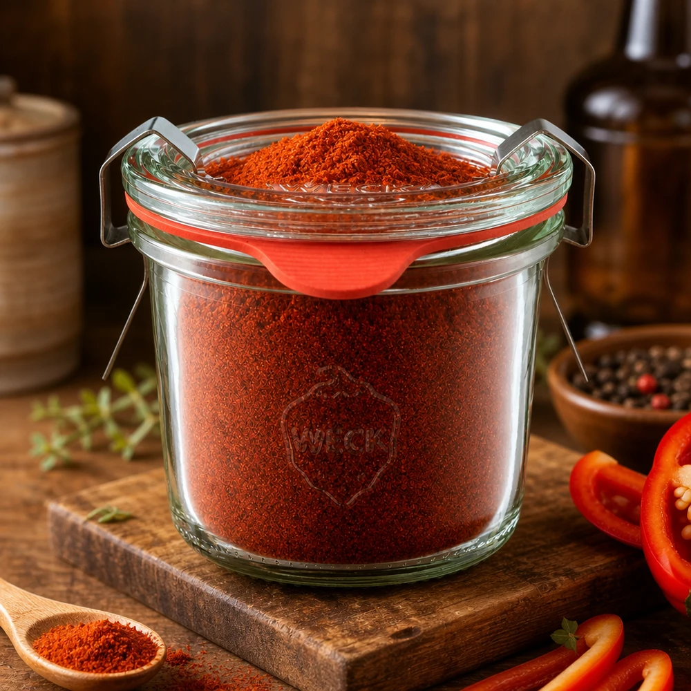 WECK Glas 80ml Größenvergleich mit Holzlöffel und frischen Paprikaschoten