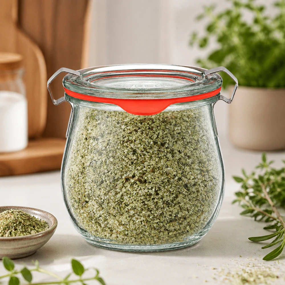 Gewürzglas Idee: WECK-Mini-Tulpenglas 220ml Gewürzglas Tulpenform 220ml mit grüner Kräutermischung befüllt Weckglas Küchenorganisation