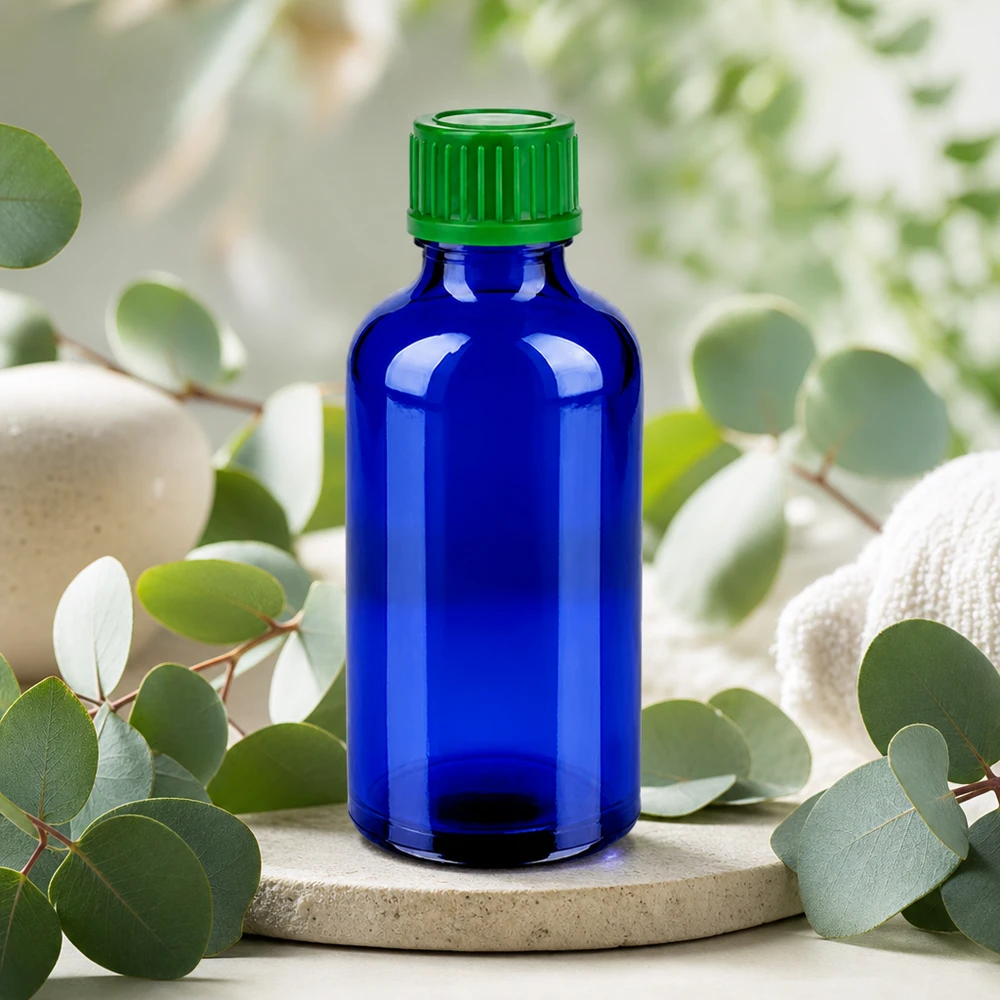 Professionelle 50ml blaue Laborflasche mit dichtem grünem Verschluss für chemische Substanzen