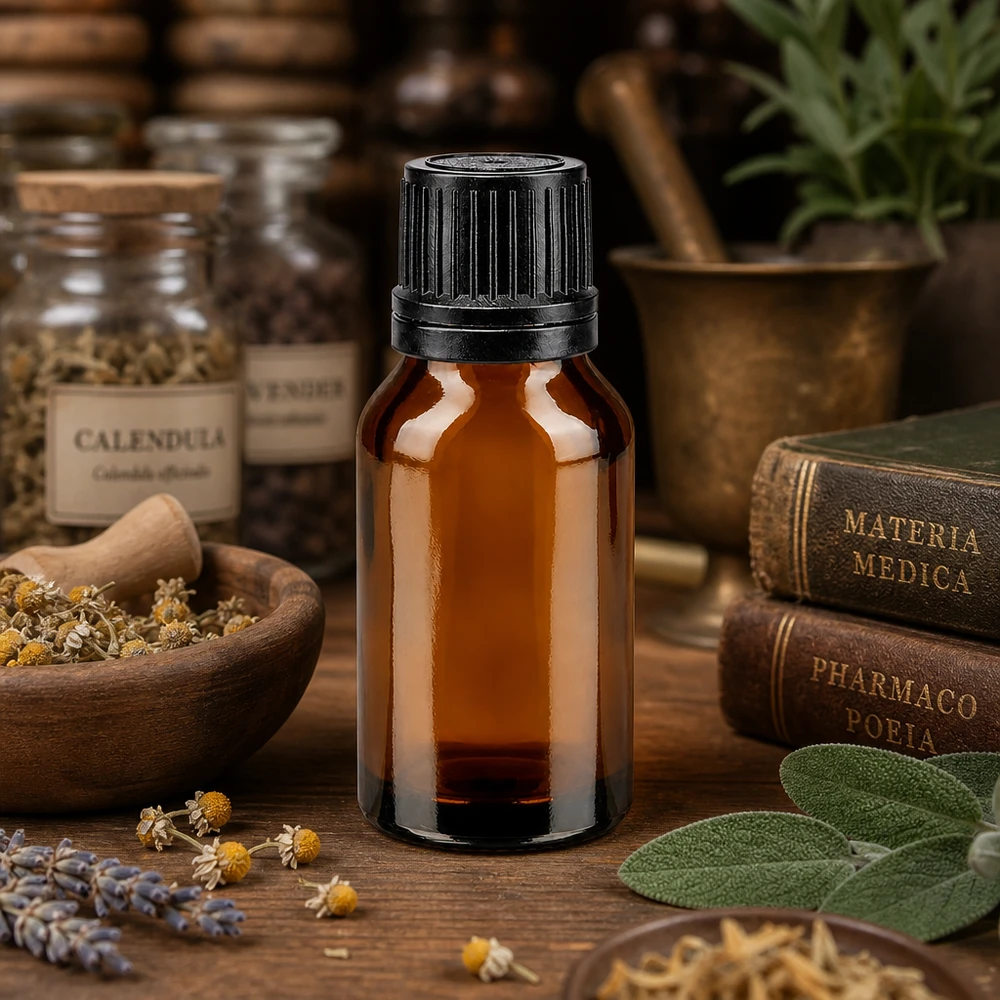 Tropfflasche braun 15ml mit schwarzem Verschluss 1mm neben Materia Medica und Pharmacopoeia Büchern