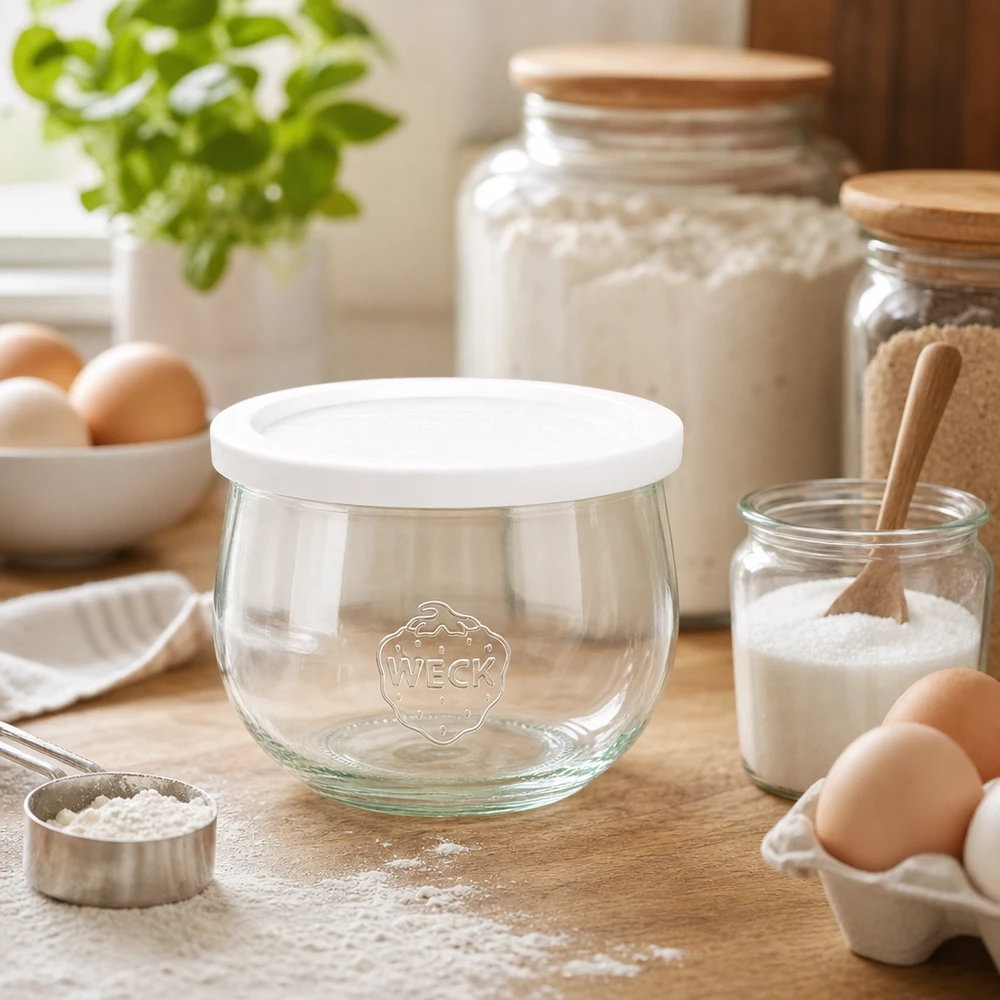 WECK Tulpenglas 580ml RR100 leer mit Frischedeckel in Backküche umgeben von Mehl Eiern und Backzutaten