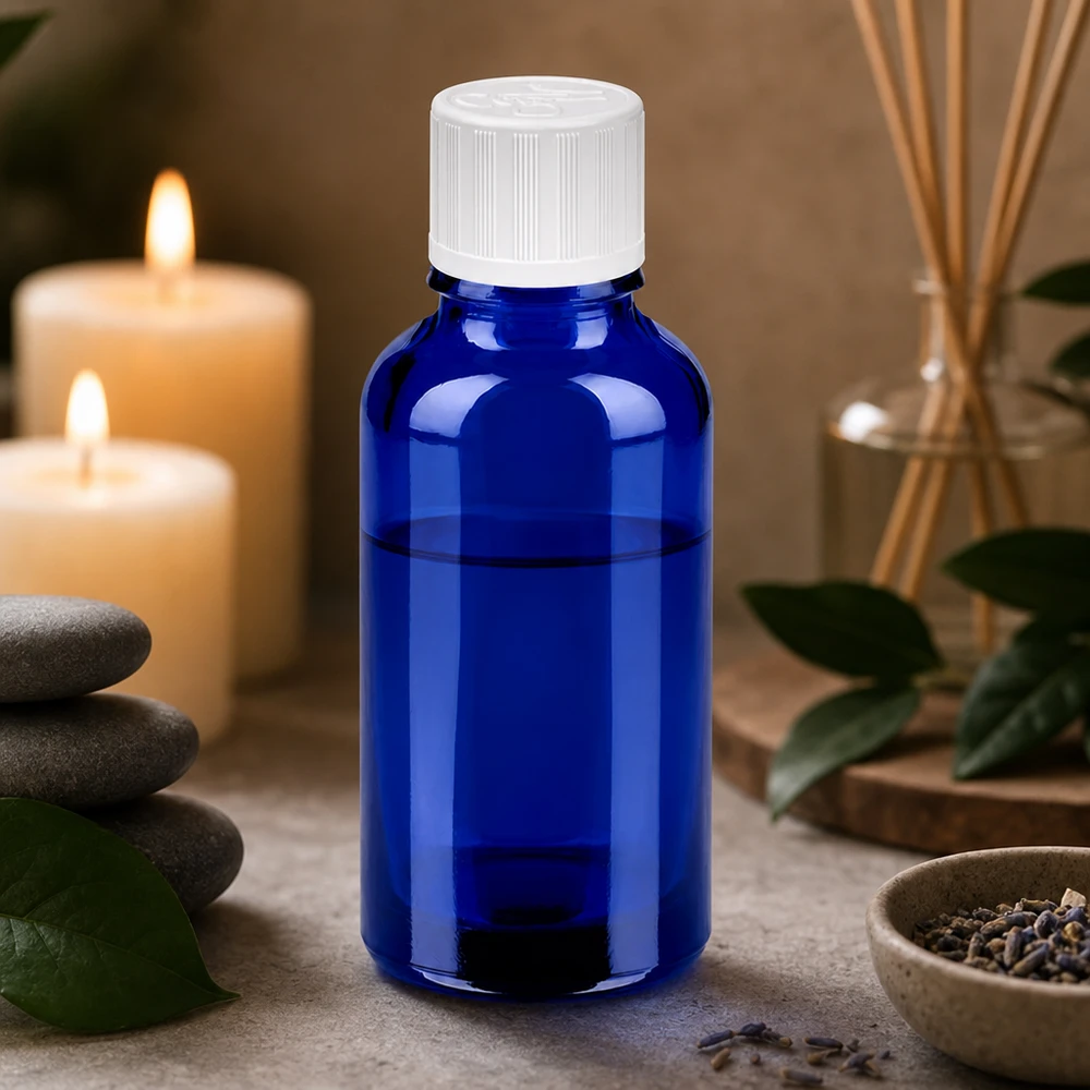 30ml Flasche 11mm Schraubverschluss weiß Standard Kindersicherung BlueLine UT18/30 30ml blaue Apothekerflasche mit Standardöffnung für präzise Abfüllung von Flüssigkeiten