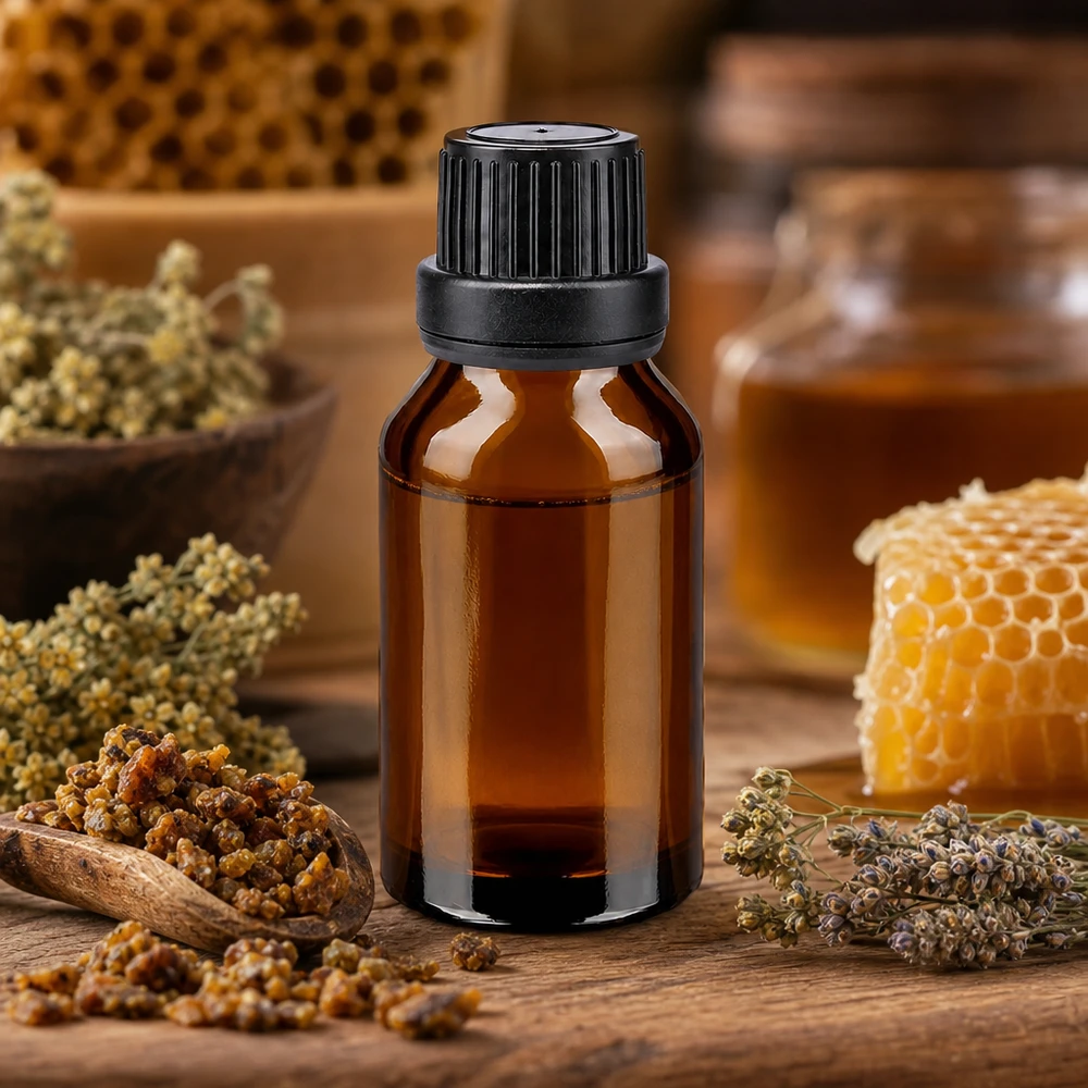 Apothekenflasche braun 15ml Schraubverschluss schwarz Dichteinlage Originalitätsverschluss Kompakte Braunglas Flasche 15ml mit Originalverschluss zwischen Lavendel und Bienenwaben