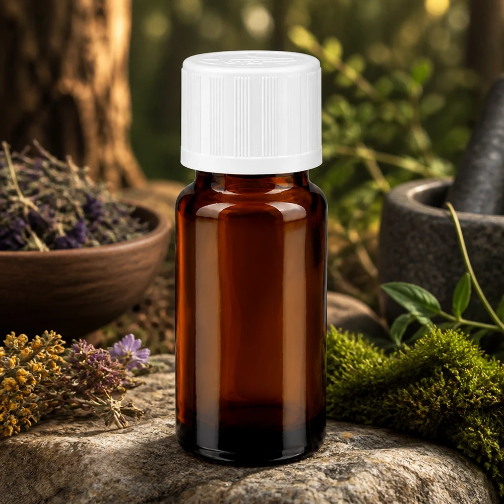 Apothekenflasche braun 10ml Tropfverschluss weiß Kindersicherung Standard Kompakte Braunglasflasche 10ml mit Präzisionstropfer und KiSi-Deckel in naturmedizinischem Setting