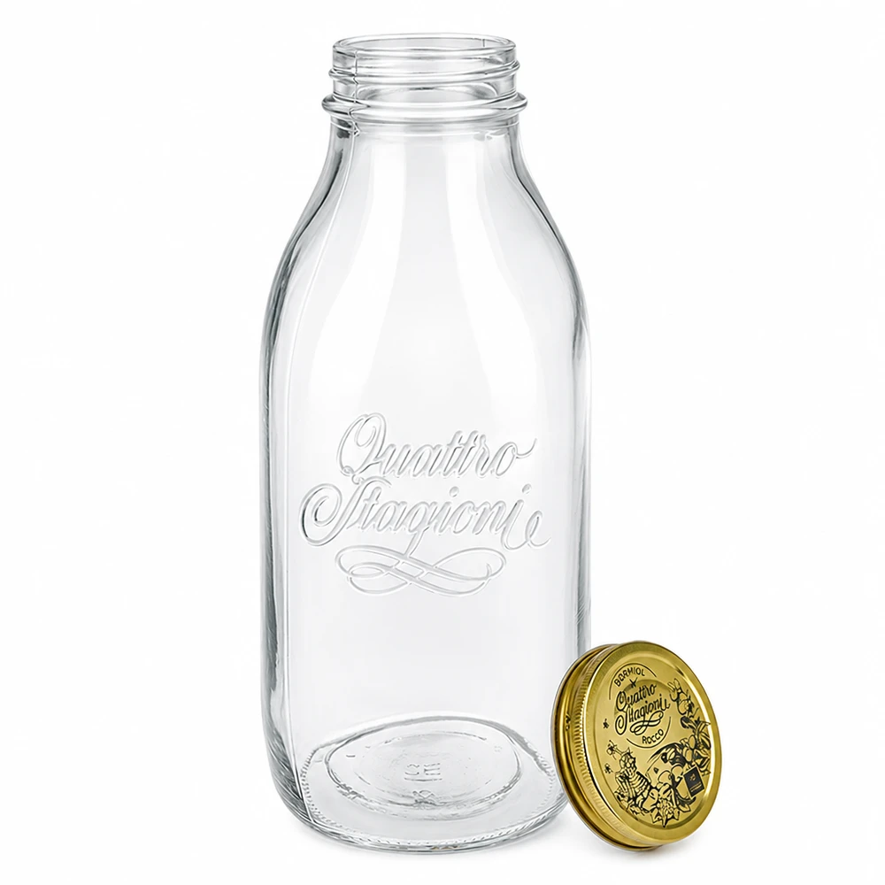 Quattro Stagioni Glasflasche 1000ml mit abnehmbarem goldenem Deckel, geprägte Schrift, klassisches Milchflaschen Design
