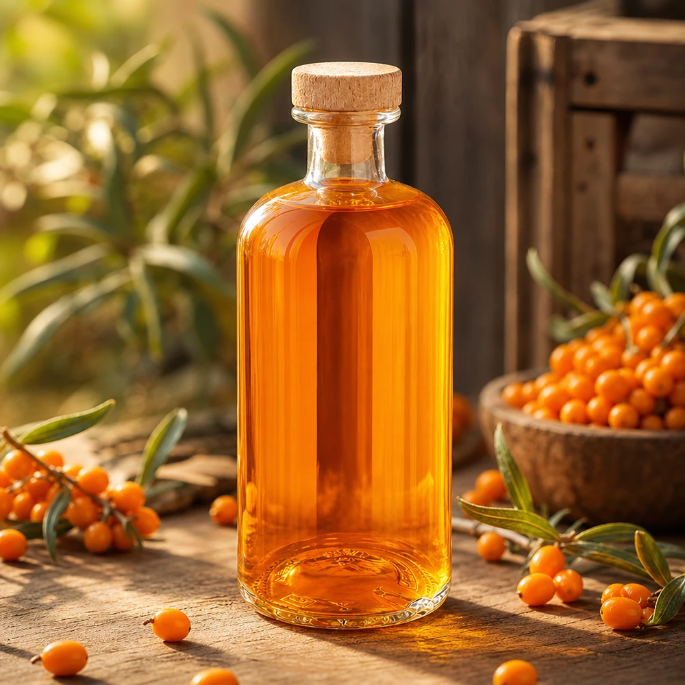 500ml Glasflasche Flora mit Holzkorken orange Sanddornöl zwischen Sanddornbeeren auf Holztisch Naturprodukt