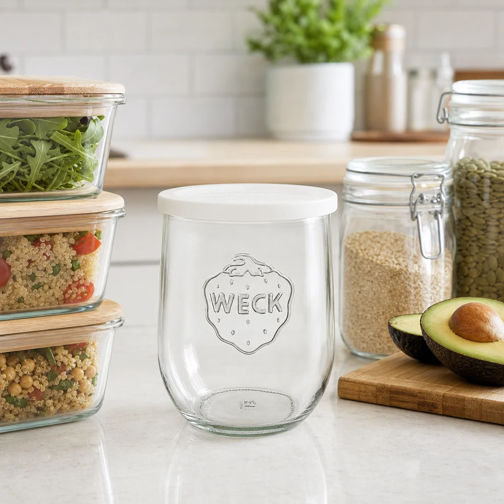 1062ml Tulpenglas mit Frischedeckel WECK RR100 WECK Tulpenglas 1062ml RR100 auf Küchenarbeitsplatte zwischen Vorratsgläsern und Avocado als stilvolles Küchenzubehör