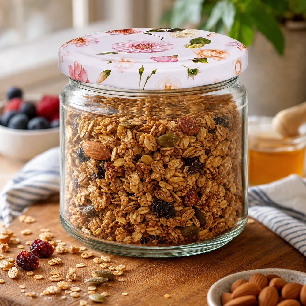 330ml Rundglas rosa Blumenmuster gefüllt mit Müsli Granola Nüssen Rosinen Frühstück Vorratsglas Küche