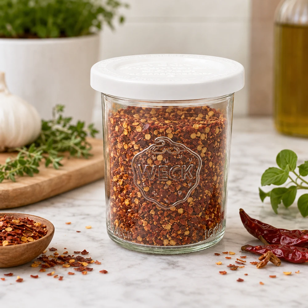 160ml Sturzglas mit Frischedeckel WECK RR60 WECK 160ml Sturzglas RR60 mit Chili-Gewürzmischung gefüllt als Gewürzdose in moderner Küche mit Kräutern