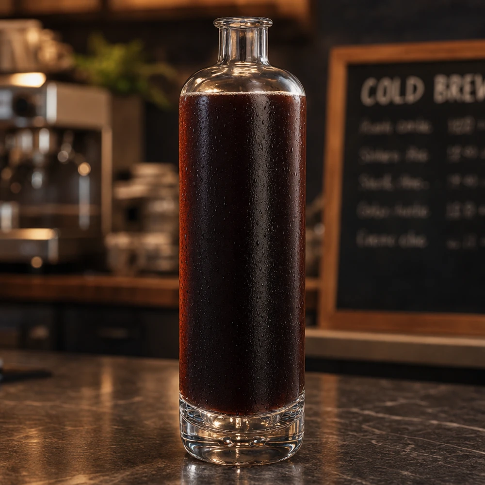 700ml Glasflasche Ella UNiTWIST mit Cold Brew Kaffee gefüllt auf dunkler Café-Theke mit Menütafel im Hintergrund
