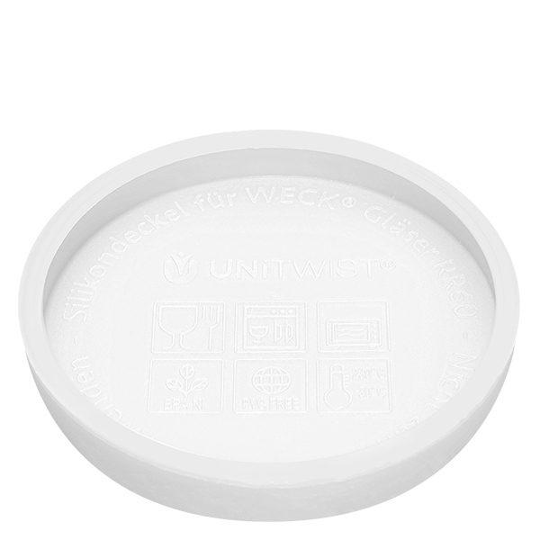 Silikondeckel weiß UNiTWIST für WECK RR80 UNiTWIST Silikondeckel weiß für WECK Gläser RR80 Unterseite mit Herstellerprägung und Produktbezeichnung
