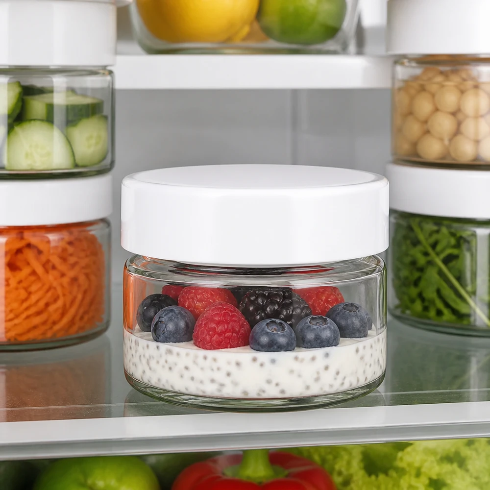Kompaktes 130ml Glasgefäß UNiTWIST rund mit weißem Deckel für Joghurt Beeren und Chia im Kühlschrank