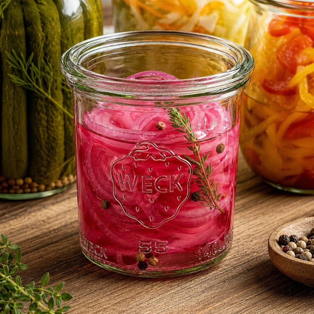 140ml Sturzglas mit Glasdeckel WECK RR60 WECK Sturzglas 140ml RR60 mit eingelegten roten Zwiebeln Kräutern Pfefferkörnern neben anderen Einmachgläsern