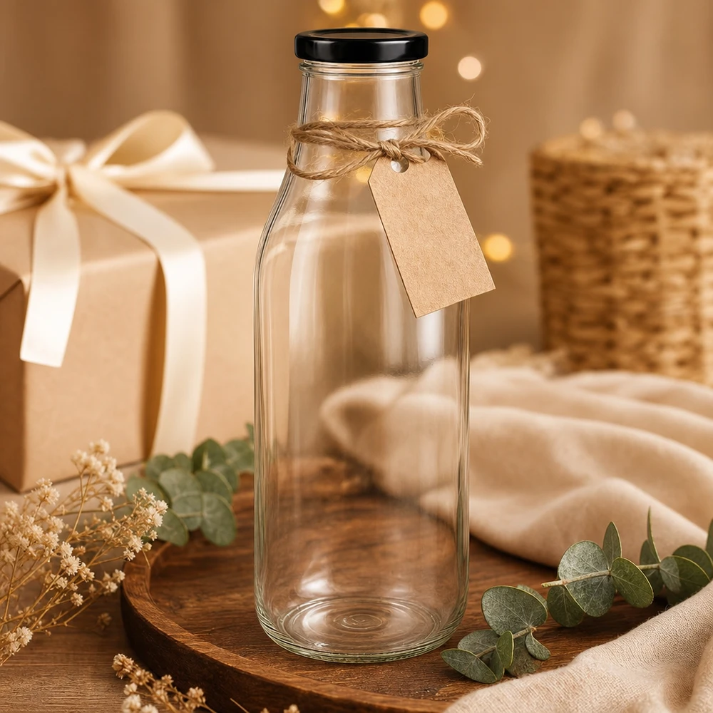 1000ml Glasflasche mit schwarzem Deckel als Geschenk dekoriert mit Bastband und Kraftpapier-Anhänger