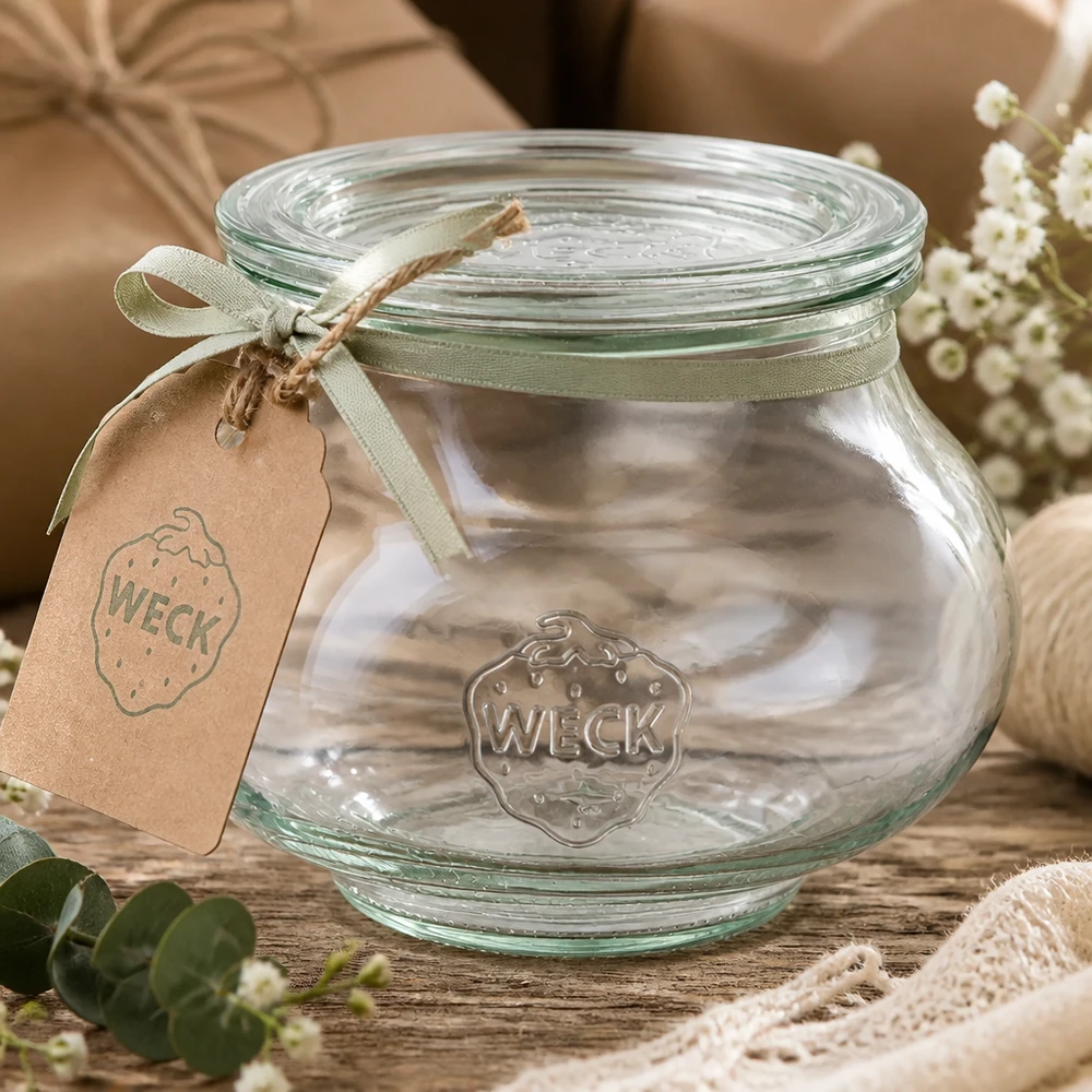 560ml Schmuckglas mit Glasdeckel WECK RR80 WECK Schmuckglas 560ml mit grünem Satinband und Anhänger auf Holztisch dekoriert mit Blumen und Spitze