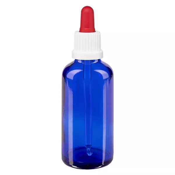 Apothekenflasche blau 50ml Pipette weiß/rot Originalitätsverschluss Apothekenflasche blau 50ml Pipette weiß/rot Originalitätsverschluss