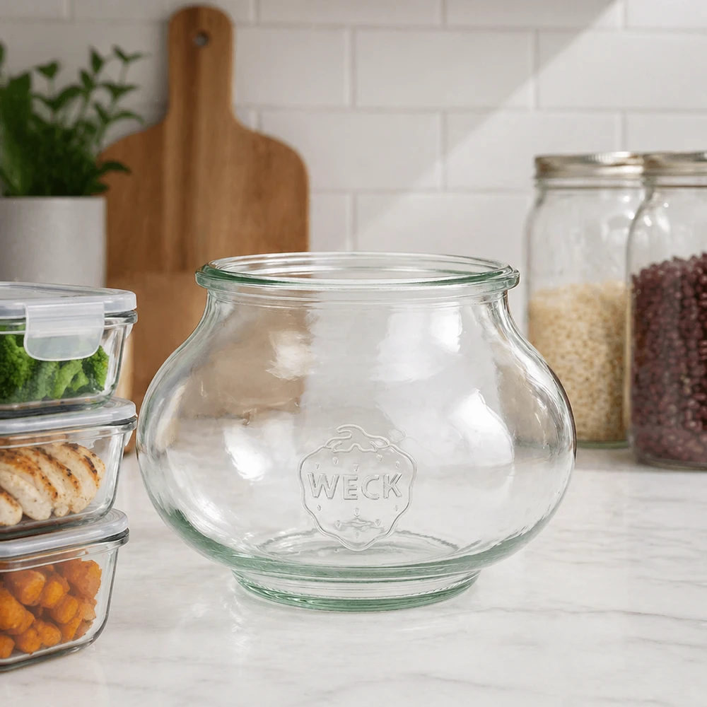 560ml Schmuckglas WECK RR80 WECK Schmuckglas 560ml RR80 in moderner Küche zwischen Vorratsgläsern und Glasdosen auf weißer Arbeitsplatte