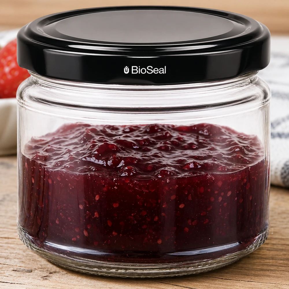 330ml Rundglas + BioSeal Deckel schwarz UNiTWIST UniTWIST Runda330 Einmachglas gefüllt mit roter Marmelade BioSeal Deckel Konfitüre Aufbewahrung Holztisch