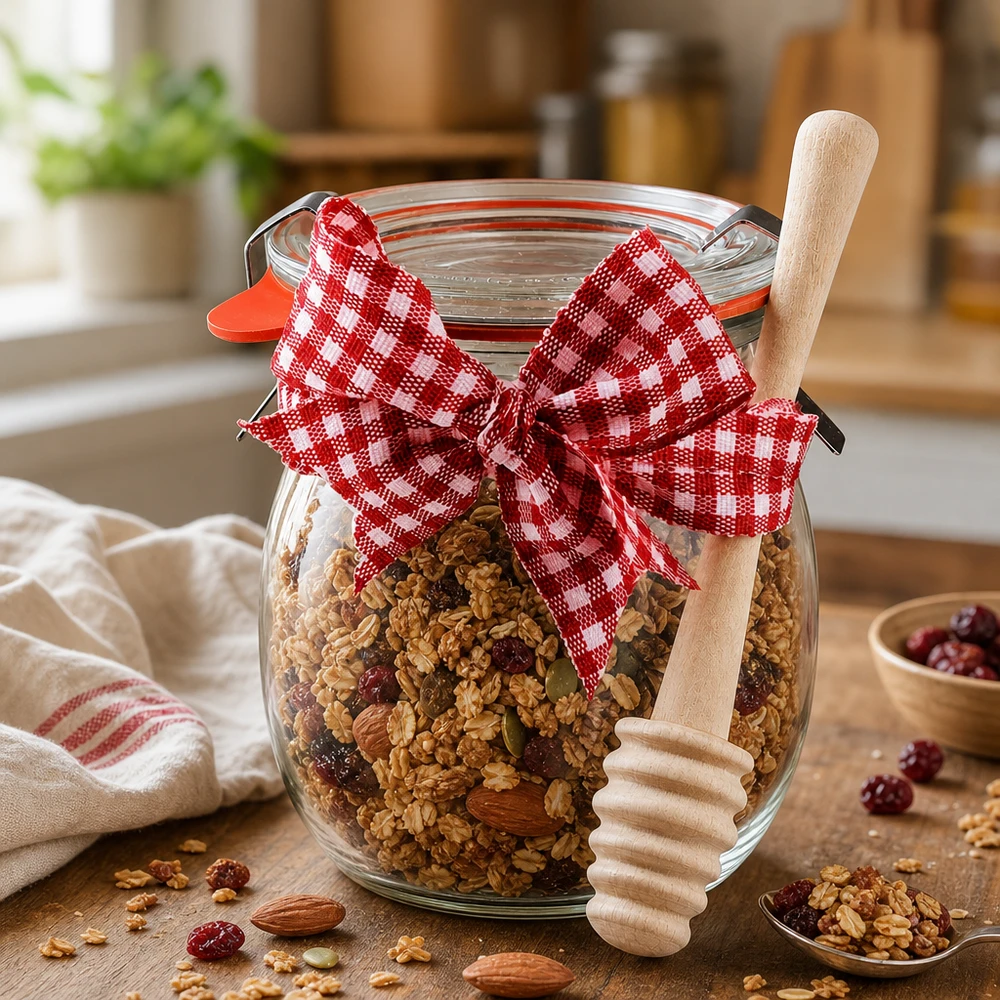 WECK-Mini-Tulpenglas 220ml komplett mit Honiglöffel WECK Tulpenglas 220ml gefüllt mit Müsli und Nüssen, dekoriert mit rot-weiß karierter Schleife und Honiglöffel