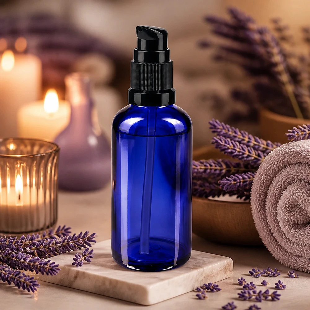 Apothekenflasche blau 50ml PumpVerschluss schwarz Standard Kleine blaue Glasflasche mit schwarzer Pumpe 50ml ideal für ätherische Öle