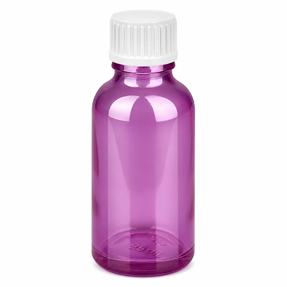 Runde Glasflasche 30ml in elegantem Purple-Design mit sicherem Verschluss für Labor und Haushalt