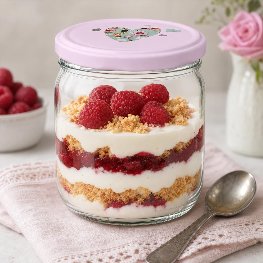 Schichtdessert Himbeer-Quark-Trifle in 425ml Rundglas rosa Herz-Deckel Streusel Nachspeise im Glas serviert