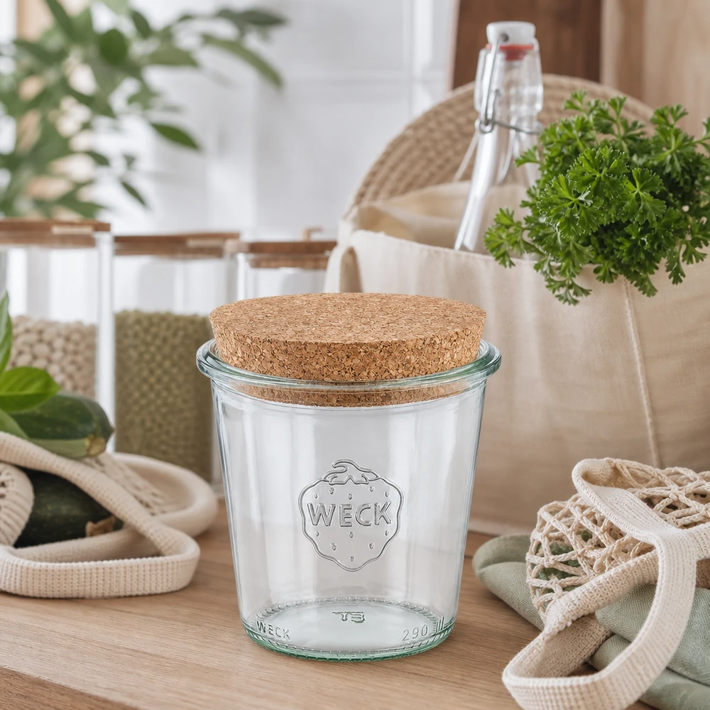 290ml Sturzglas hoch WECK RR80 mit Korken natur WECK Sturzglas 290ml RR80 mit Naturkorken in nachhaltiger Zero-Waste Küche zwischen Mehrwegflaschen und Stoffbeuteln