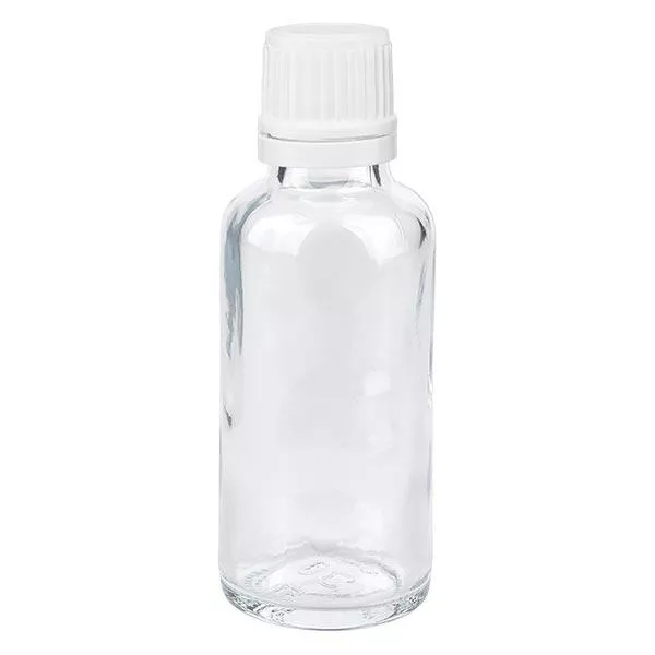 Apothekenflasche klar 30ml Tropfverschluss 1.2mm weiß Originalitätsverschluss Apothekenflasche klar 30ml Tropfverschluss 1.2mm weiß Originalitätsverschluss
