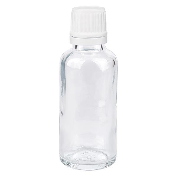 Apothekenflasche klar 30ml Tropfverschluss 1.2mm weiß Originalitätsverschluss Apothekenflasche klar 30ml Tropfverschluss 1.2mm weiß Originalitätsverschluss