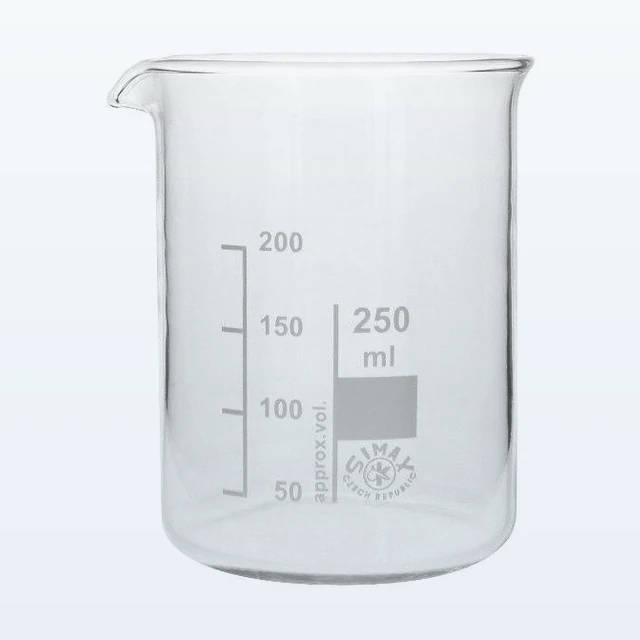 Becherglas 250ml Borosilikatglas, niedrige Form – auf hellgrau-blauer Bildfläche