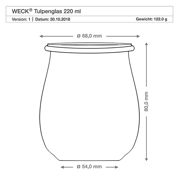 WECK-Mini-Tulpenglas 220ml komplett mit Honiglöffel Technische Zeichnung WECK Tulpenglas 220ml mit Maßangaben 68mm Durchmesser, 80mm Höhe und 122g Gewicht