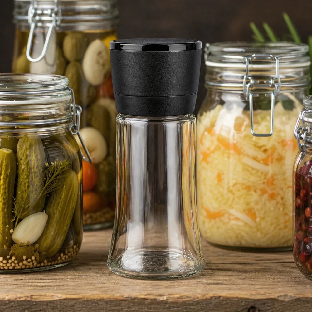 Salz-/Gewürzglas 95ml mit Mühle Vario schwarz Transparentes Salz- und Pfefferstreuer-Set 95ml mit schwarzer Mühle vor fermentierten Lebensmitteln