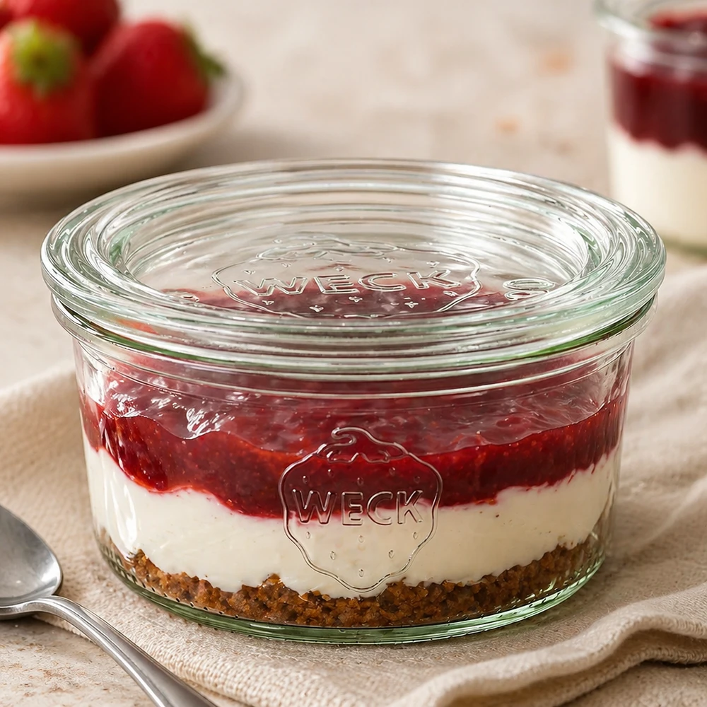 WECK Sturzglas 165ml RR80 mit geschichtetem Dessert gefüllt zeigt Vielseitigkeit für Süßspeisen und Portionierung