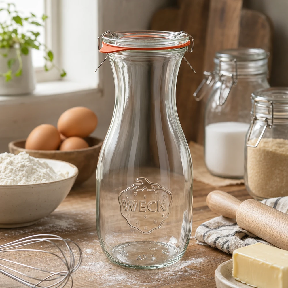 530ml Saftflasche komplett WECK RR60 WECK Saftflasche 530ml RR60 in Küchenumgebung mit Backzutaten Eiern Mehl und Butter auf Holzarbeitsfläche