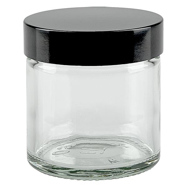 60ml Glastiegel. klar, mit schwarzem Bakelit ApoGlas 60ml Glastiegel. klar, mit schwarzem Bakelit ApoGlas