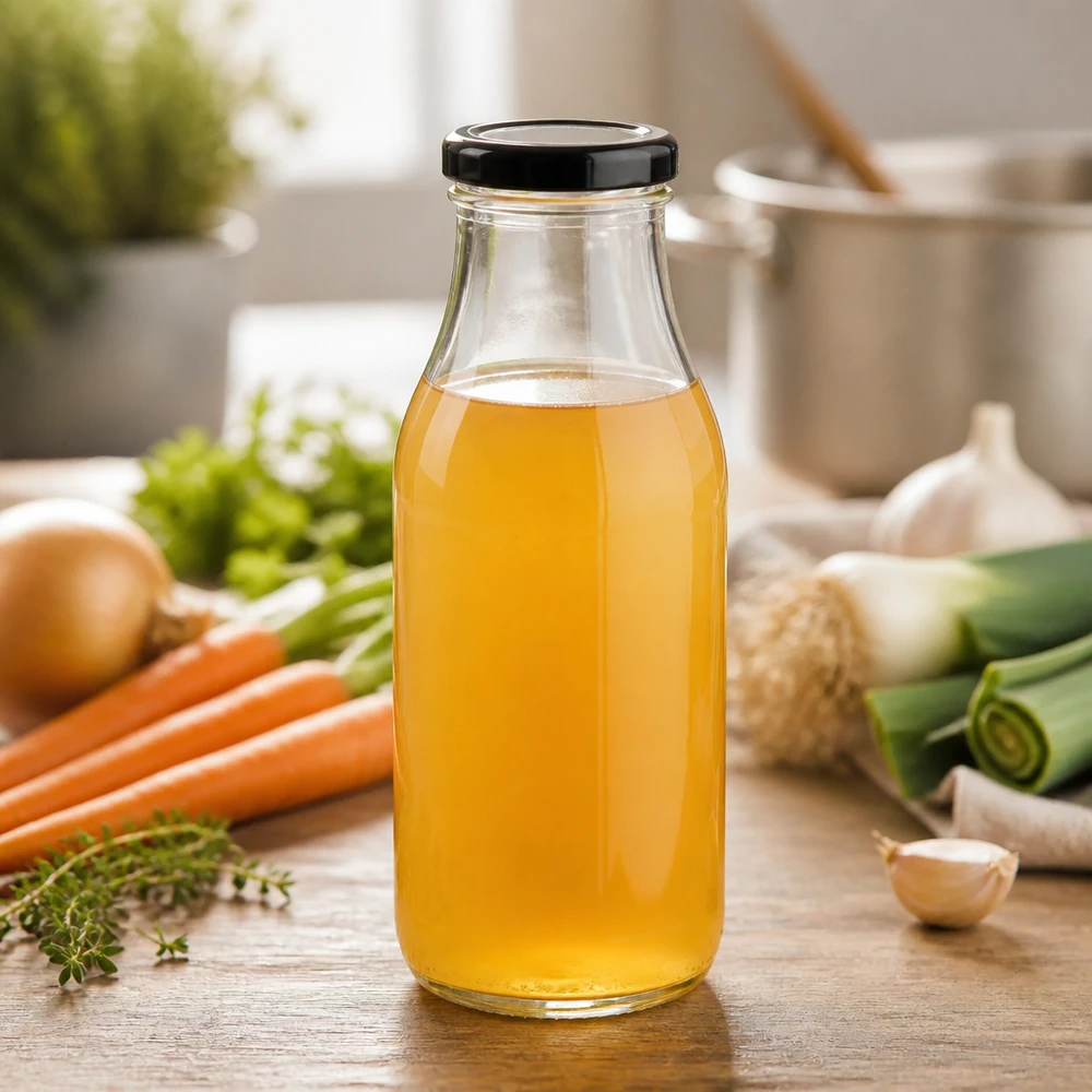 Klare 330ml Glasflasche UNiTWIST mit schwarzem Deckel gefüllt mit frischer Hühnerbrühe