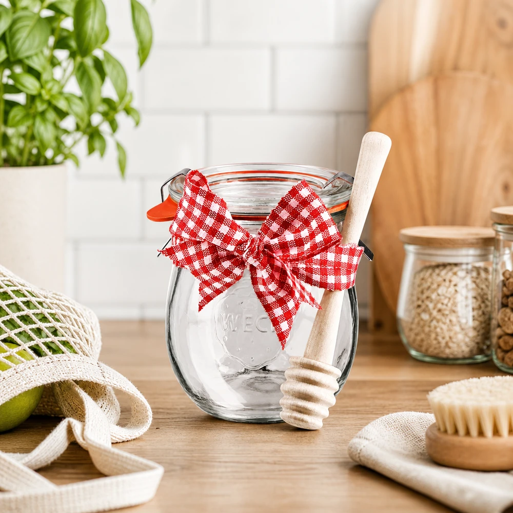 WECK Mini-Tulpenglas 220ml in nachhaltiger Küche mit Holz-Honiglöffel, rot-weißer Schleife und Öko-Zubehör