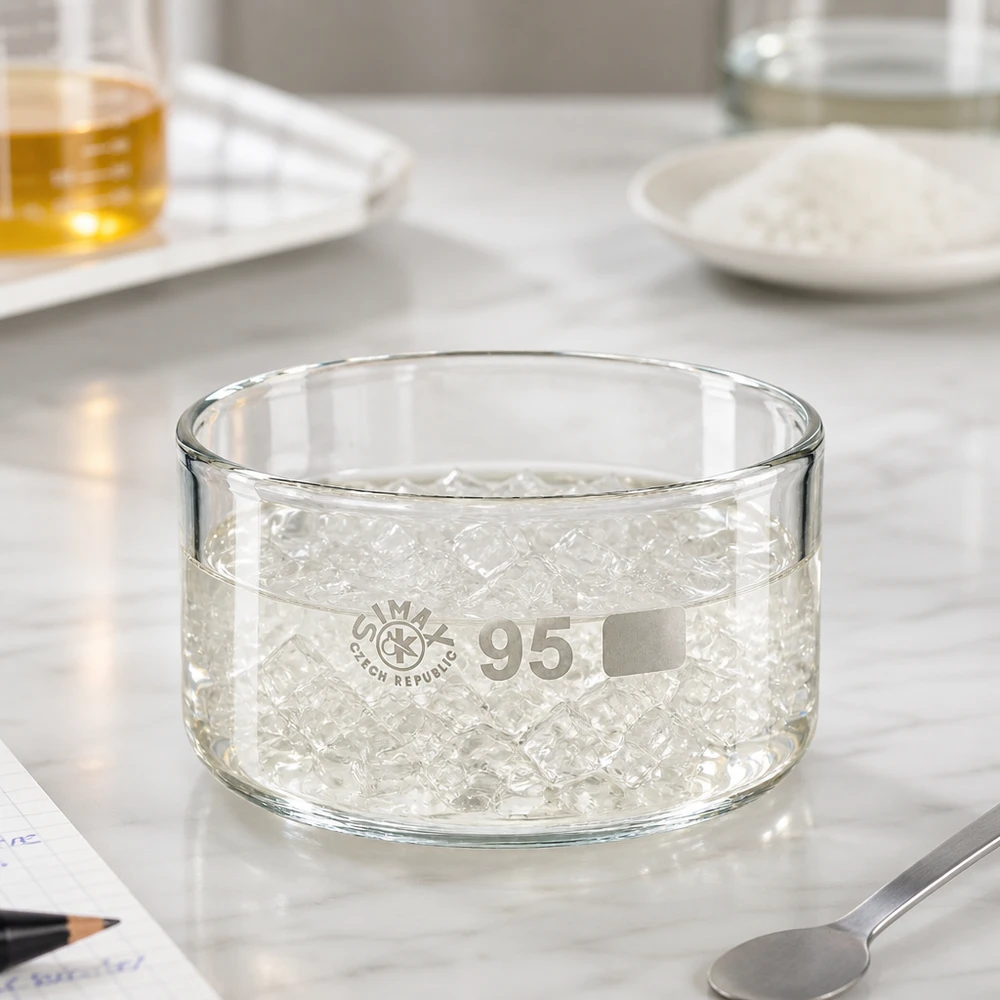 300ml Laborschale ohne Ausguss mit gequollenen Wasserperlen klares Borosilikatglas Simax 95mm