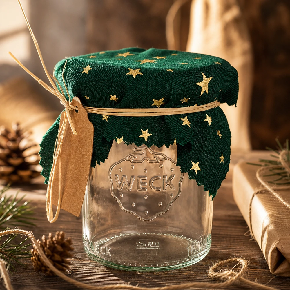 Stoff Schmuckdeckchen grün "Sterne" 12cm eckig Weihnachtliche Dekoration mit grünem Sterne-Schmuckdeckchen 12cm eckig auf Weck-Glas zwischen Tannenzapfen und Geschenke