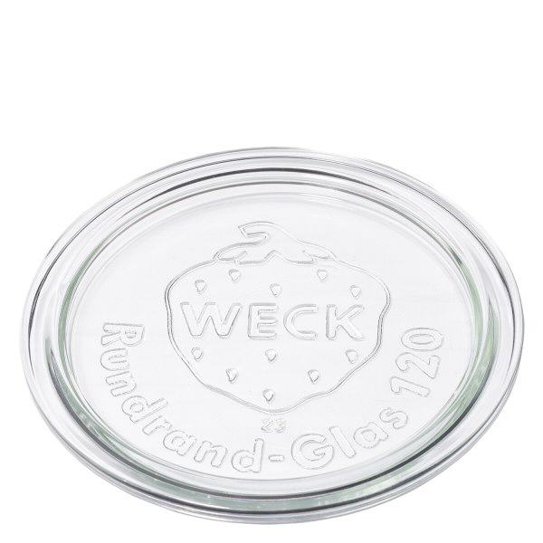 WECK Glasdeckel RR120 WECK Glasdeckel RR120 aus transparentem Glas mit geprägtem WECK Logo und Rundrand-Glas 120 Aufschrift