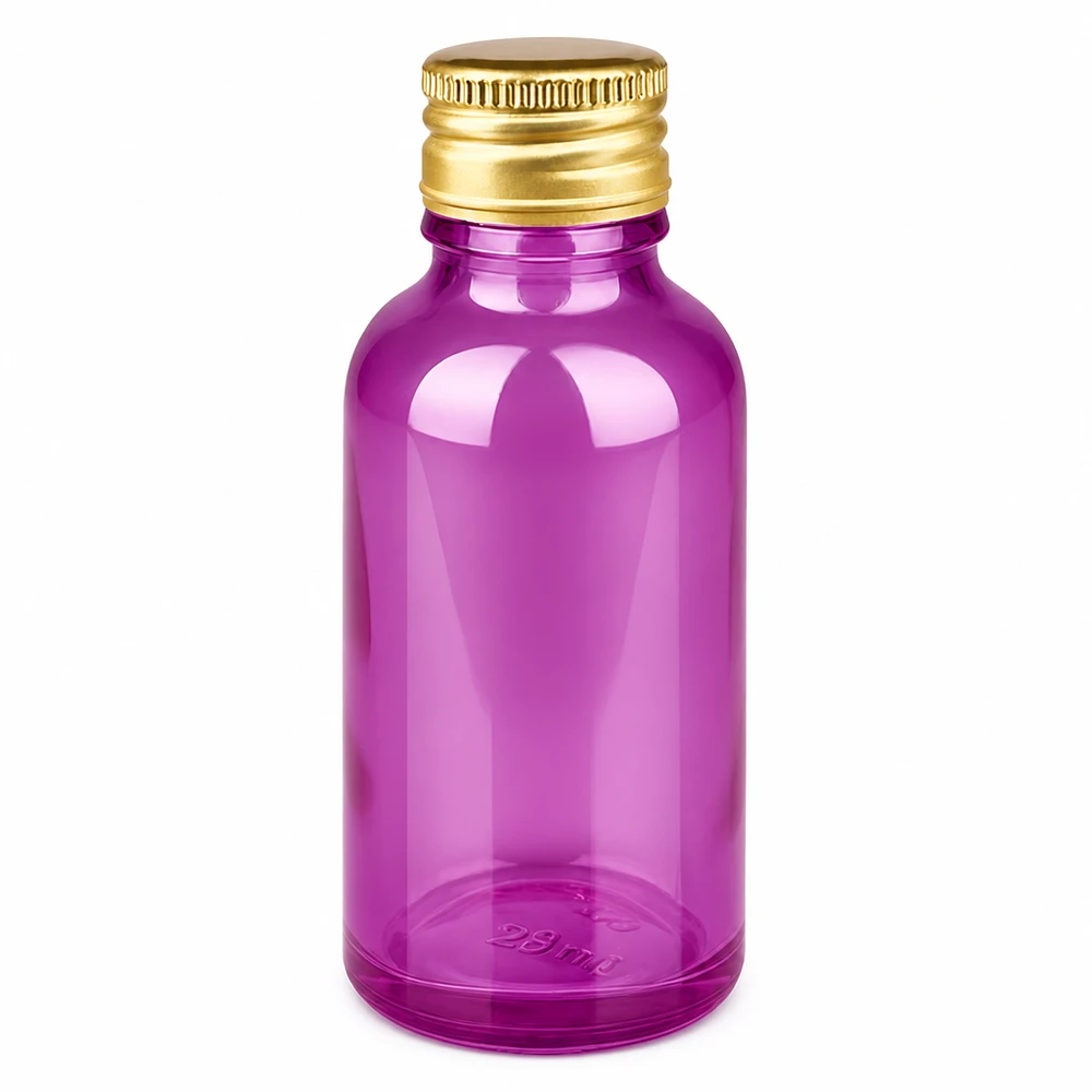 30ml Flasche 11mm Schraubverschluss Alu-Gold Standard PurpleLine. UT18/30 Premium violette Glasflasche 30ml Fassungsvermögen mit elegantem Metallverschluss gold